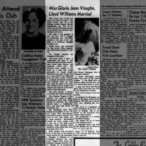 Miss Gloria Jean Vaughn, Lloyd Williams Married; Palladium-Item, W 01 Jan 1969